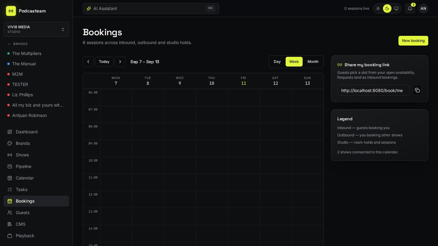 Bookings interface in Podcasteam