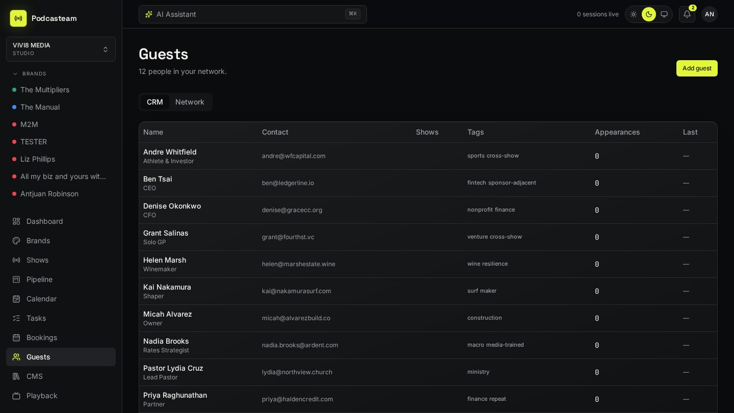 Guest CRM & Network interface in Podcasteam