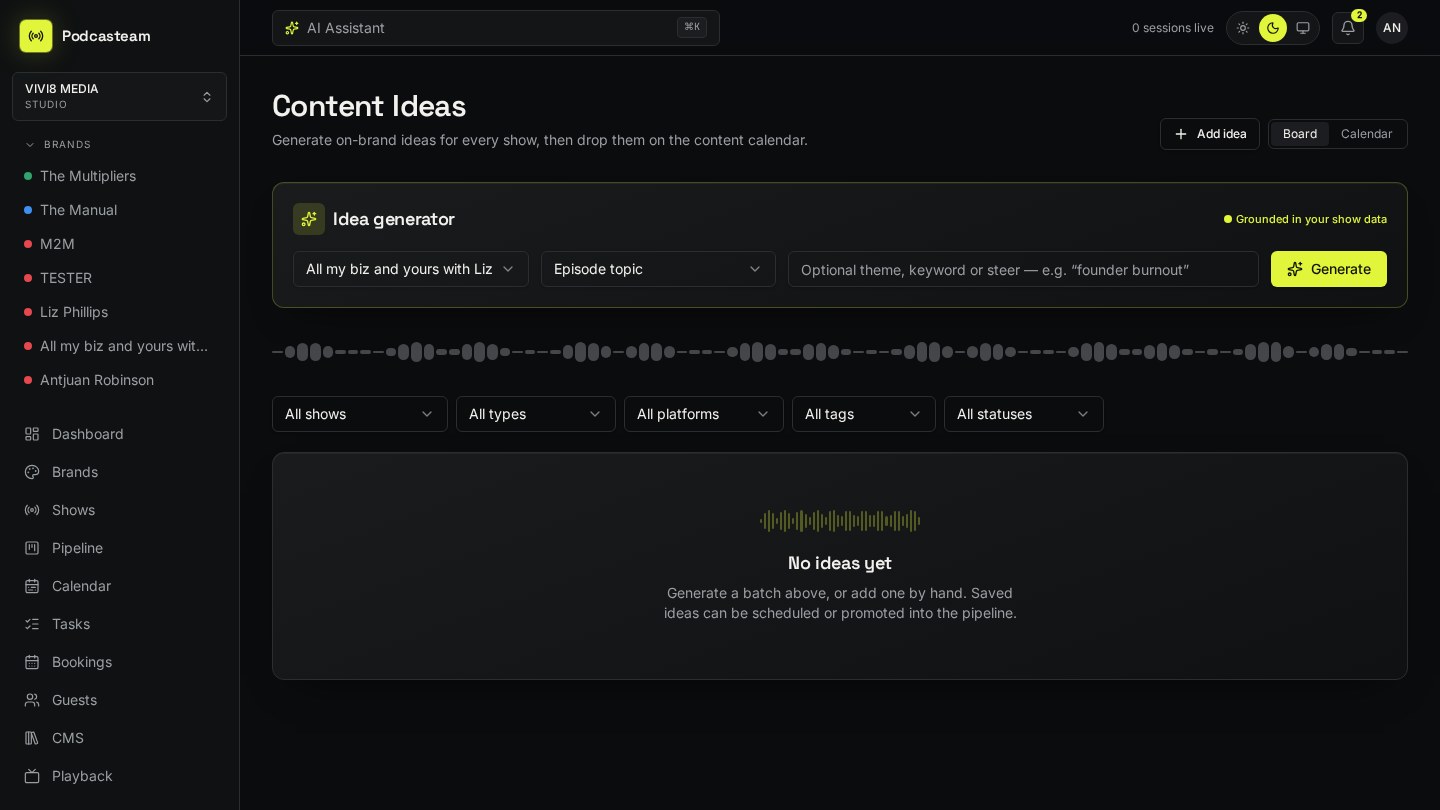 Content Ideas interface in Podcasteam